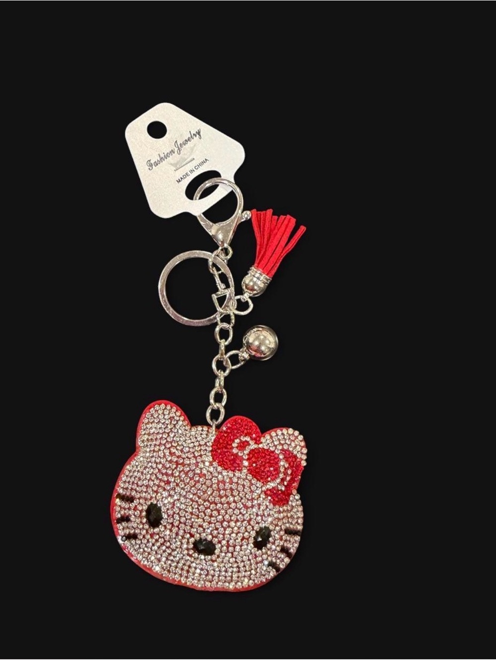 Crystal Cat Face Keychain with Red Tassel